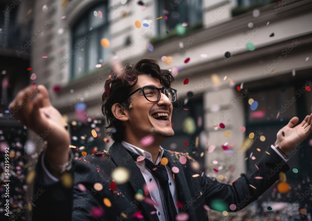 Young businessman having a good time Confettis are flying outside at the street. Generative AI. Young businessman having a good time Confettis are flying outside at the street. Generative AI.