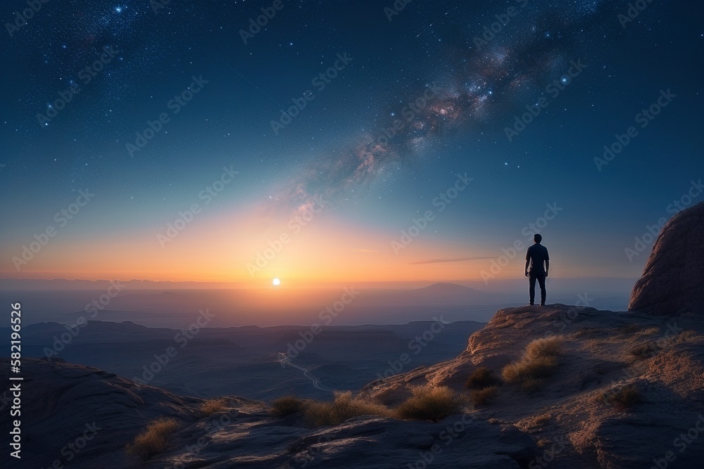 Person Hilltop Watching, Sun Setting, Expansive Starry Landscape, Enchanting Night Sky, Generative Ai