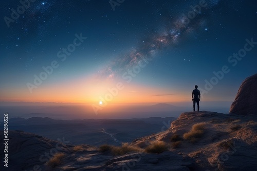 Person Hilltop Watching  Sun Setting  Expansive Starry Landscape  Enchanting Night Sky  Generative Ai