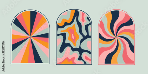 Set of Psychedelic groovy swirl frames and decor. Trendy 1960s and 1970s style illustration vector. 