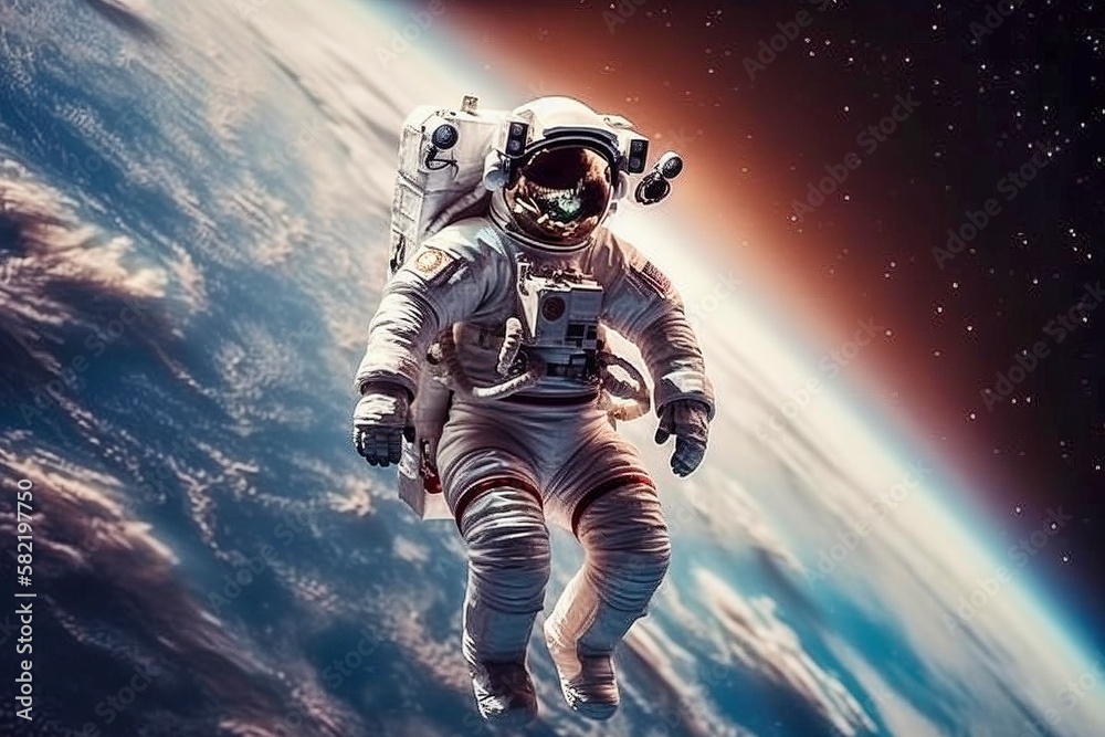 Fototapeta premium Astronaut Floating, Stunning Earth, Moon View, Beautiful Stars, Galaxies Background, Generative Ai