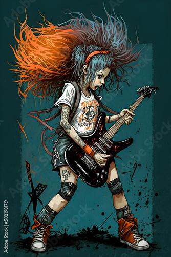 Girl rocker with a guitar. Illustration, poster for a concert. AI generation.