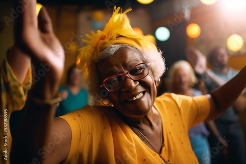 Generative ai adorable cute old black woman dancing isolated.