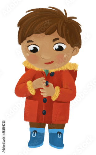 cartoon child kid boy taking off or putting on winter clothes by him self childhood illustration for kids