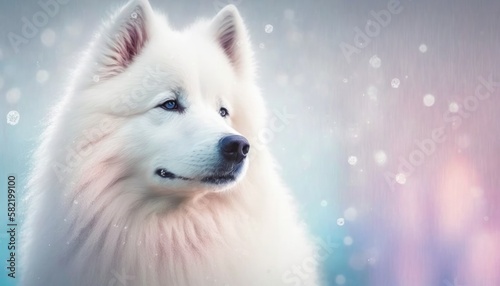 Samoyed Dog Medium Shot White Pink Blue Magical Fantasy Bokeh. Generative AI © Ян Заболотний