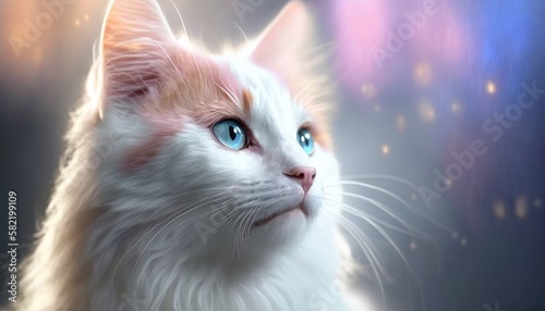 Turkish Van Cat Medium Shot White Pink Blue Magical Fantasy Bokeh. Generative AI