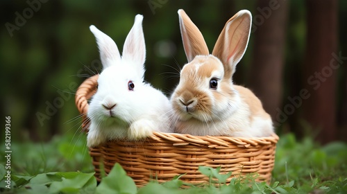 Bunnies in a basket sitting on green grass, close-up, shallow depth of field