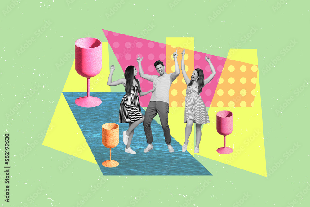 Composite minimal collage of three youngsters crazy have fun dancing chill drink glass wine alcohol hands up spotlight isolated on green background - obrazy, fototapety, plakaty 