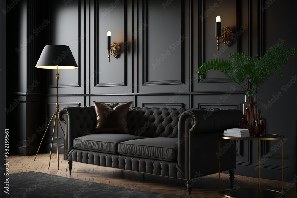 Obraz premium The living room's interior design features a luxurious leather couch, modern rug, and eye-catching accessories