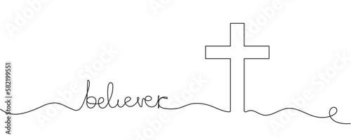Continuously drawn one line symbol of religion. Vector illustration. Cross of Christ. Believer in one line