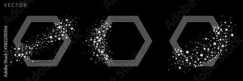 Set of Hexagonal Graphic Elements. Grunge Symbols with Scattered Particles. Vector Monochrome Illustration.