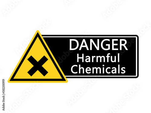 Danger harmful chemicals. Yellow triangle warning sign with symbol and text on black background by side. Sticker	