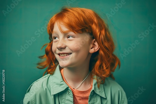 Portrait of a Young Red Haired Girl in Green with Space for Copy (Generative AI)