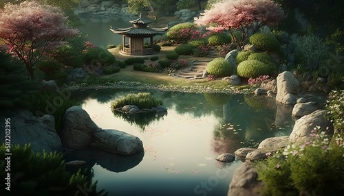 Tranquil Zen Garden with Winding Paths and Blooming Flowers