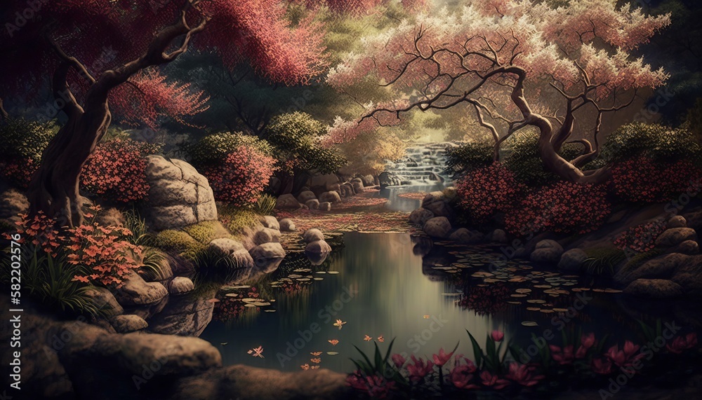 Tranquil Zen Garden with Winding Paths and Blooming Flowers