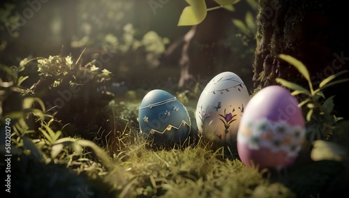 (4k) Easter Eggs in the spring nature AI