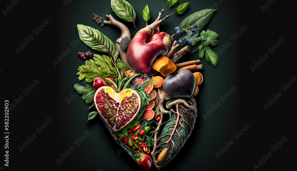AI Generative Illustration of a Creative Photo of Heart-shaped fruit and vegetable sculpture, Heart-Healthy eat vegetables and fruits message of health and wellness
