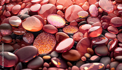 stones background, seamless pebbles background, precious shiny glass stones, crystal, pebbles, gems, pink, shiny, close up, background´s builder, structures, luxury, beautiful. Generative Ai
