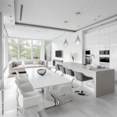 Luxurious Open-Concept Living Space: Stunning White Kitchen, Dining Room, and Living Room Interior Design with Abundant Natural Light © Mateusz