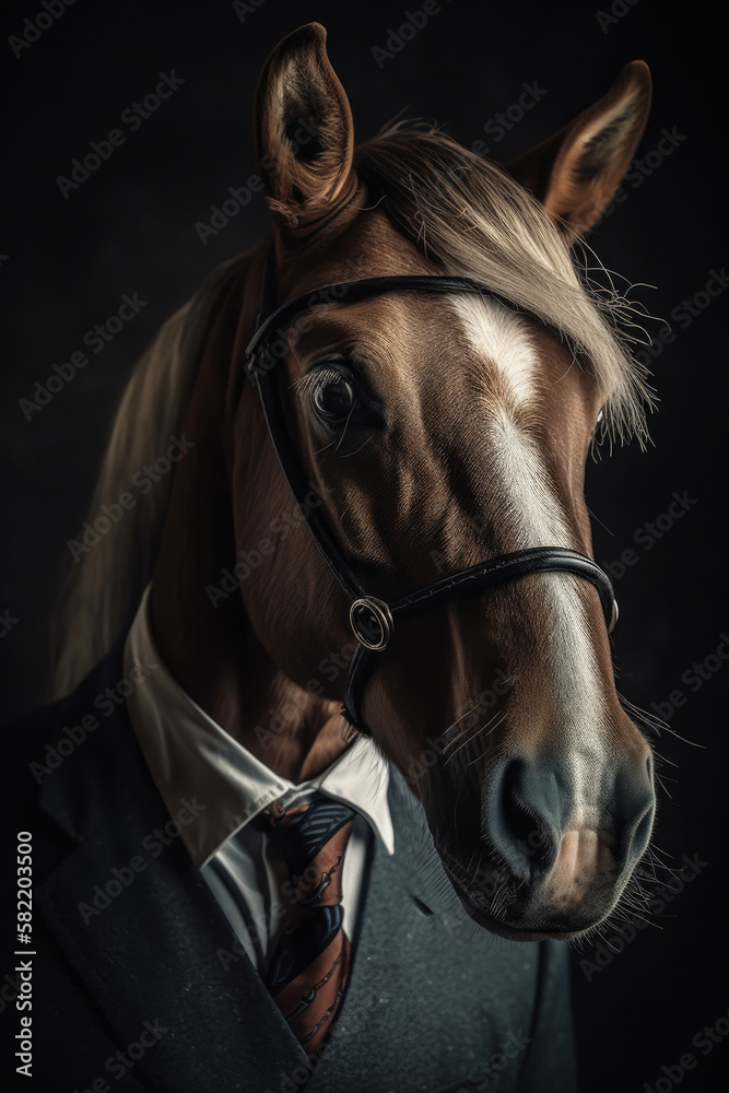 Portrait of a horse wearing glasses dressed in a formal business suit, generative ai Portrait of a horse wearing glasses dressed in a formal business suit, generative ai