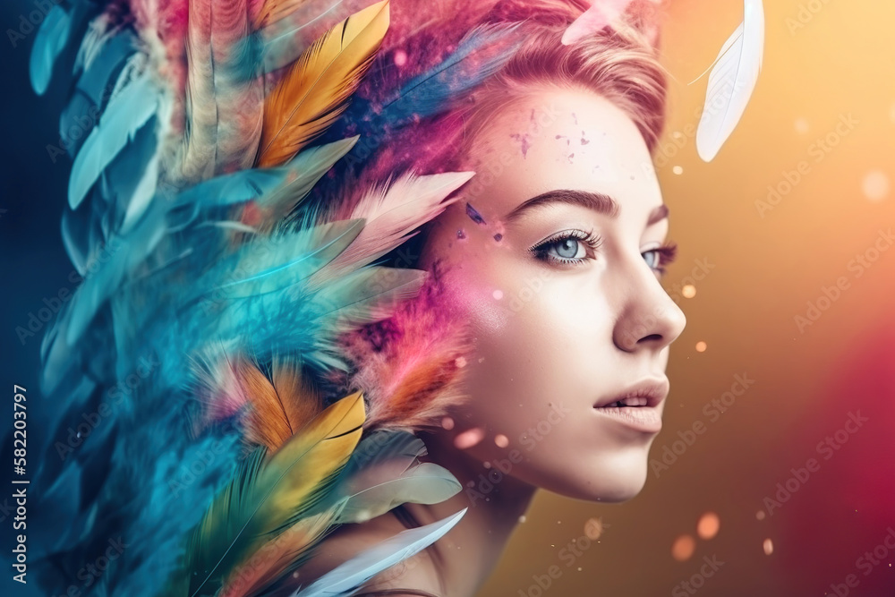 abstract double exposure portrait of a beautiful young woman with feathers, generative ai