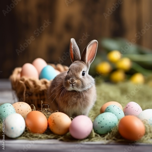 Cute little bunny and colorful Easter eggs. Illustration generated ai as easter concept. Generative ai