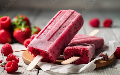 Homemade vegan raspberry and strawberry popsicles, on a rustic table with berries in soft light. Illustrative generative AI.