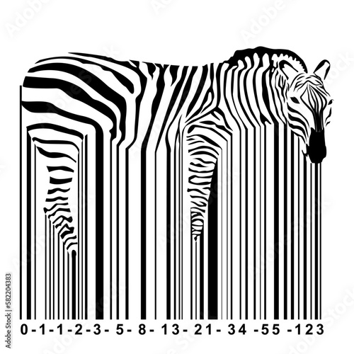 design for t-shirt of a zebra mixed with a barcode. finbonacci code numbering