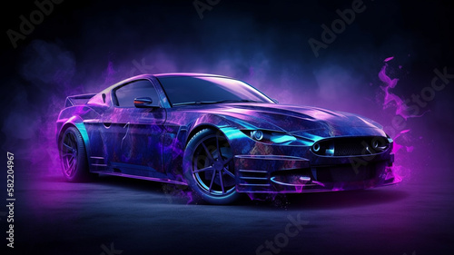 Purple sport car wallpaper on smoke neon background Generative AI