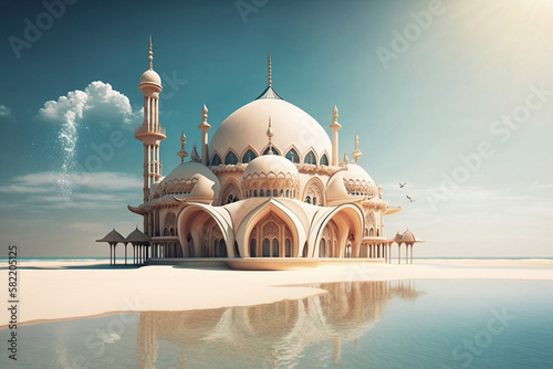 Vászonkép mosque on the beach, for background design, generative ai