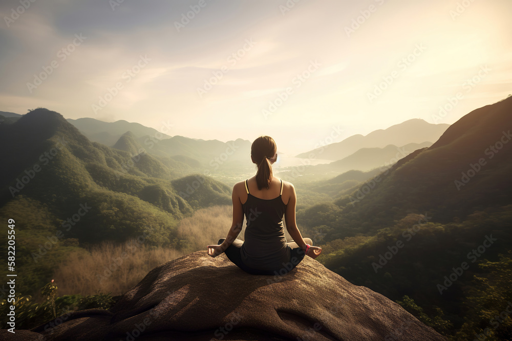yoga in the mountains, young woman meditating on the top of a mountain, relaxing background, generative ai