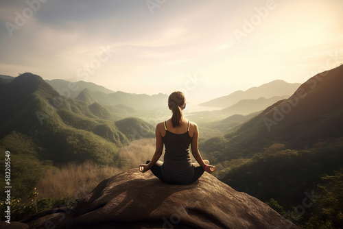yoga in the mountains  young woman meditating on the top of a mountain  relaxing background  generative ai