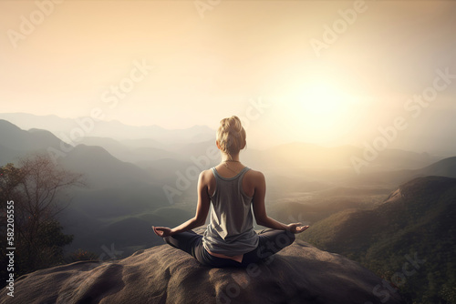 yoga in the mountains, young woman meditating on the top of a mountain, relaxing background, generative ai
