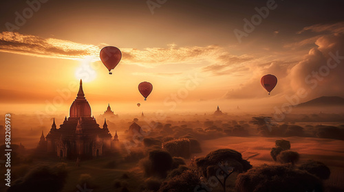 sunrise over the city, angkor wat, hot air balloons, travel photography, generative ai
