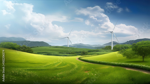 eco friendly renewable green energy, wind turbine in the green field, wind power, generative ai