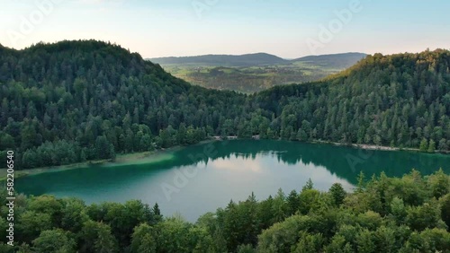 Sunset fly over mountain lake Alatsee. Wild nature and pine forest.