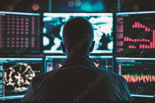 Man, Investor, Broker In front of Computer Screens Following Stock Market and Crypto Currency Graphs - Investment - Generative AI 