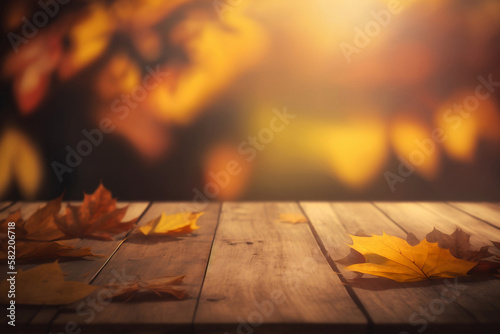 autumn leaves on wood background, generative ai