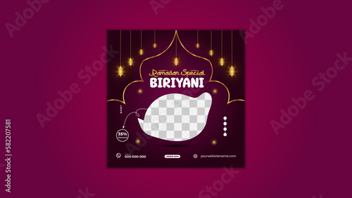 Ramadan Special Biryani Social Media Template Post Design. Lighting Background Discount Poster, 