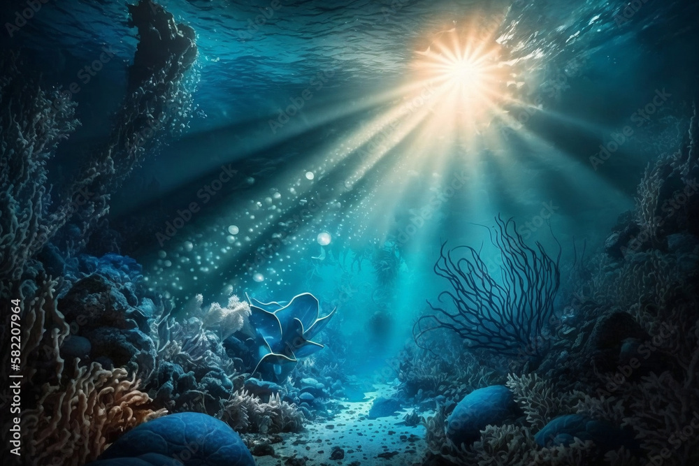 Fototapeta premium Sea or ocean underwater deep nature background, generative ai