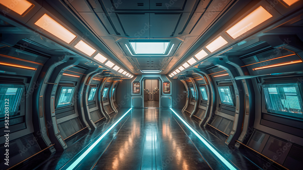 Naklejka premium Futuristic Design at Its Finest, a Large Hallway of the Future, Generative AI