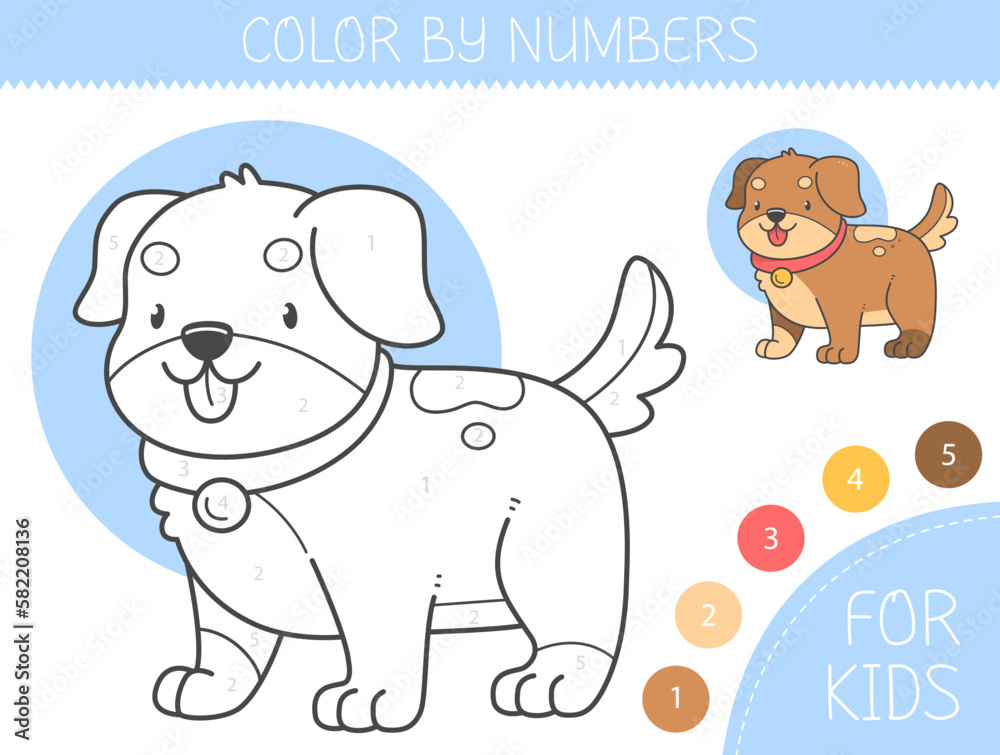 Color by numbers coloring page for kids with dog. Coloring book with ...