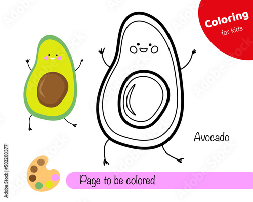 Colouring book for kids Avocado. Cute cartoon green avocado character. Educational colouring game with cartoon character. Logic Games for Kids with colours. Learning card with task for child preschool