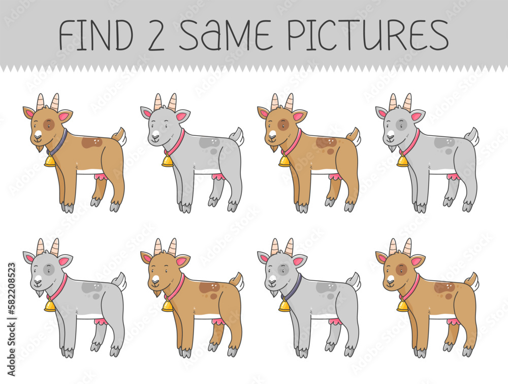 Find two same pictures is an educational game for kids with goat. Cute cartoon goat. Vector illustration.
