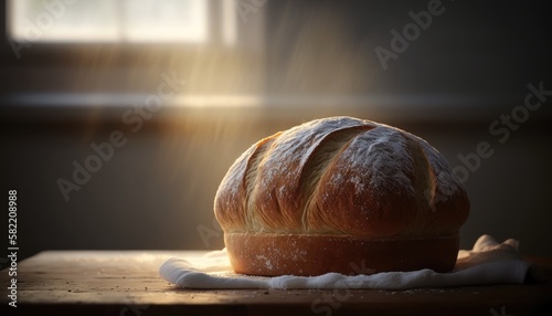 A freshly baked loaf of bread sitting on a white surface, with soft lighting creating a warm and inviting atmosphere. The texture and color of the bread implies comfort and satisfaction. generative ai