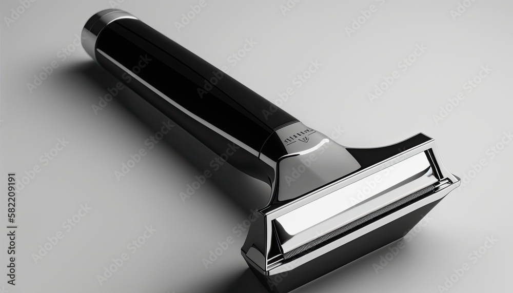 A sleek and modern barber's razor with a black handle resting on a white surface. The sharp edges catch the light, creating a sense of precision and attention to detail.  generative ai