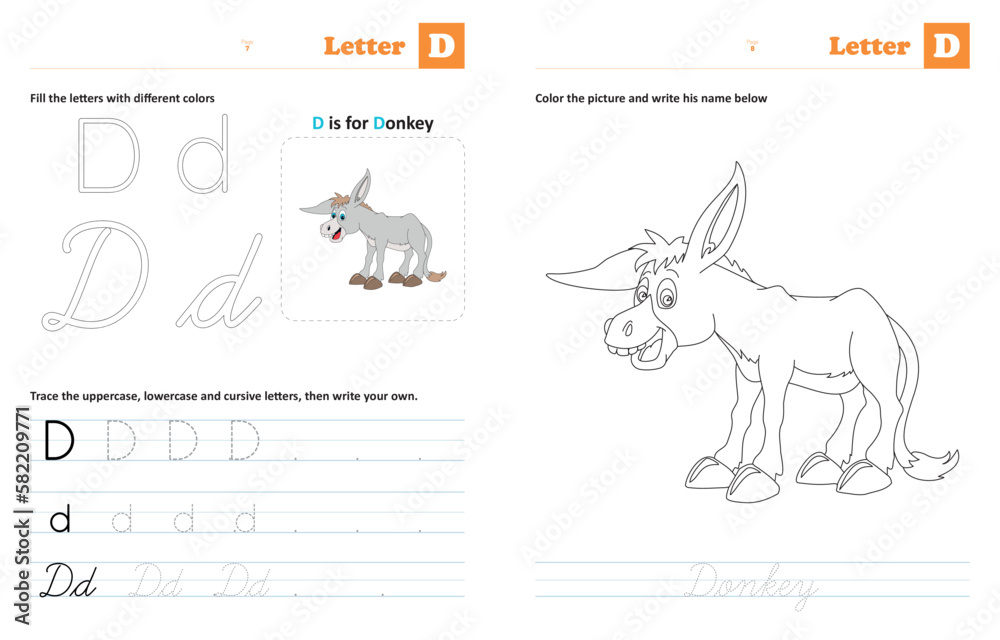 Letter  D - Tracing and coloring letters: Animals by alphabet series, helps children trace uppercase, lowercase and cursive letters (The designs are made with vector editable outlines)