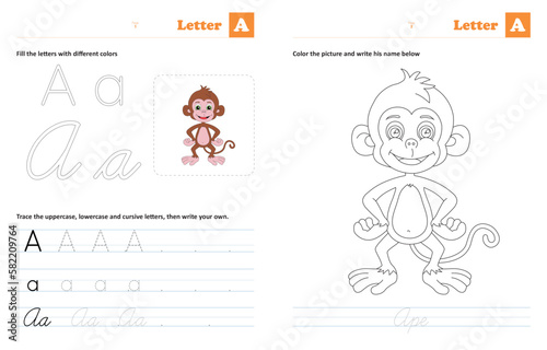 Letter A  - Tracing and coloring letters: Animals by alphabet series, helps children trace uppercase, lowercase and cursive letters (The designs are made with vector editable outlines)