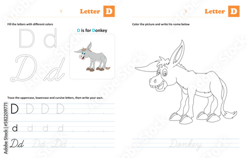 Letter  D - Tracing and coloring letters: Animals by alphabet series, helps children trace uppercase, lowercase and cursive letters (The designs are made with vector editable outlines)