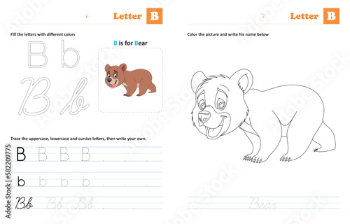 Letter  B - Tracing and coloring letters: Animals by alphabet series, helps children trace uppercase, lowercase and cursive letters (The designs are made with vector editable outlines)